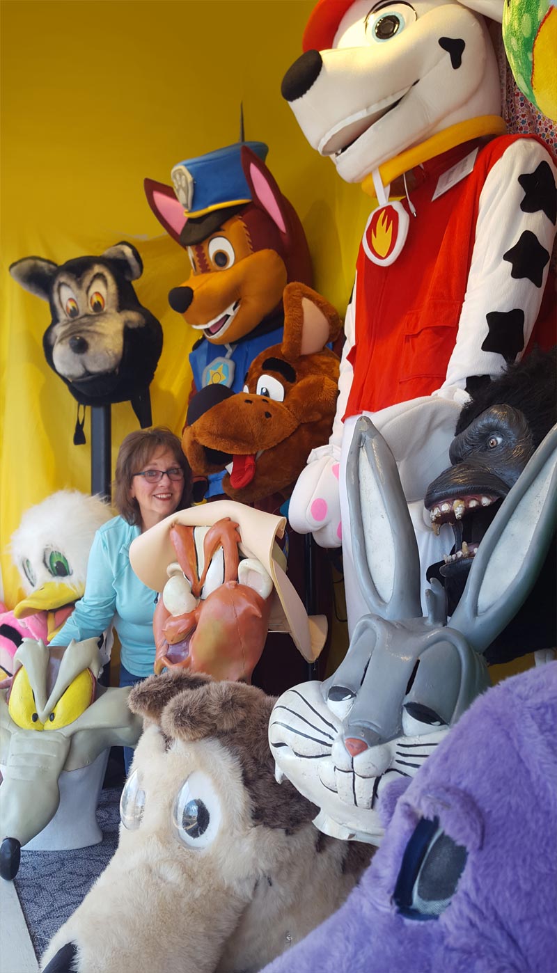 kostume room owner gayle varrtjes with mascot costumes
