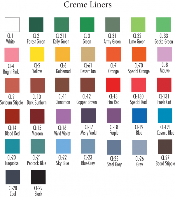 color creme liner chart,color chart,ben nye color liner chart,kostumeroom,kostume room,costumeroom,costume room