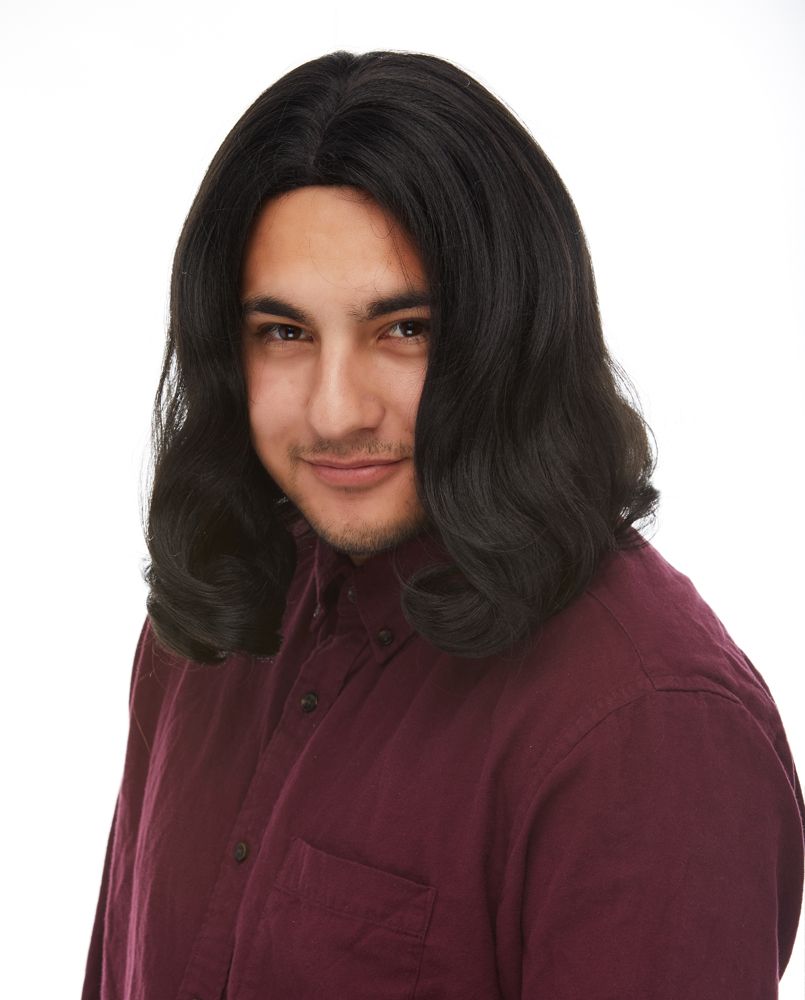 shoulder length black wig,male or female no bang wig,hippie grunge wig,kostumeroom,kostume room,costumeroom,costume room,westbay wigs