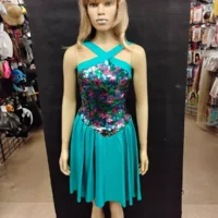 Vtg 80’s Prom Dress in teal skirt and multi-colored cobalt sequin bodice