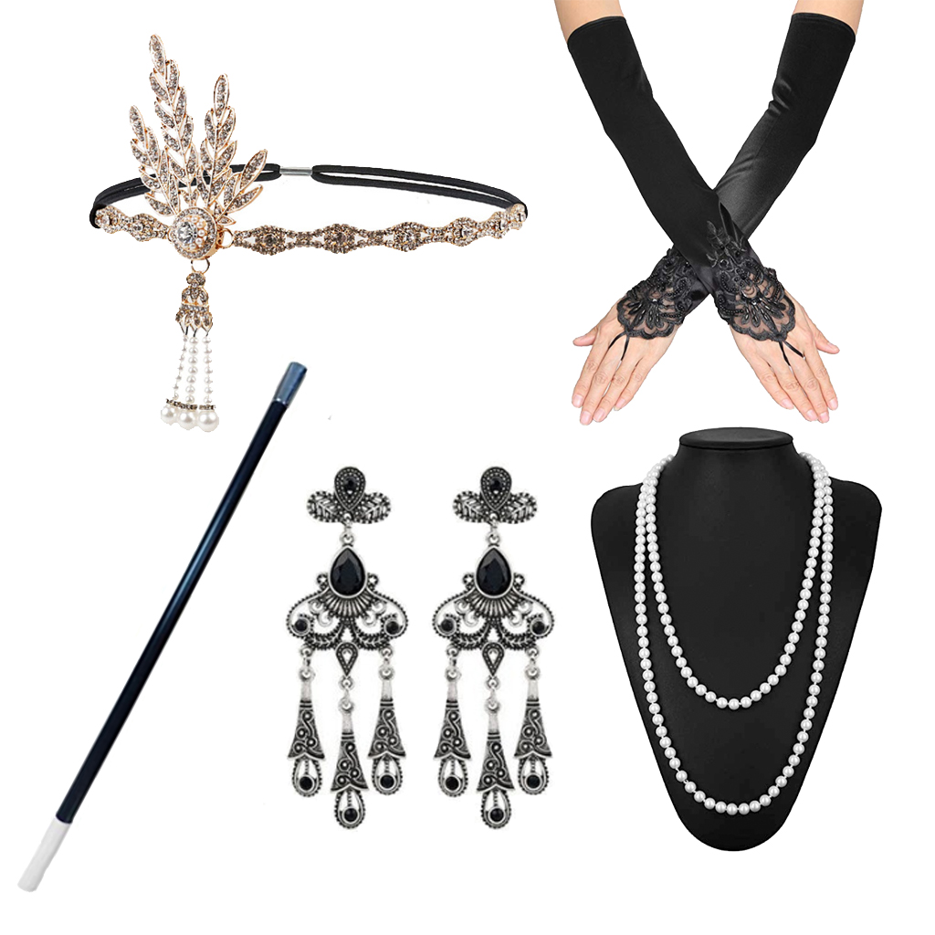 flapper kit- 5pc ( glovetts, headband, Necklace, cigarette holder, earrings)