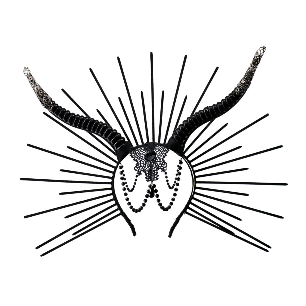 Gothic horn halo headband with black gem and chain - Image 3
