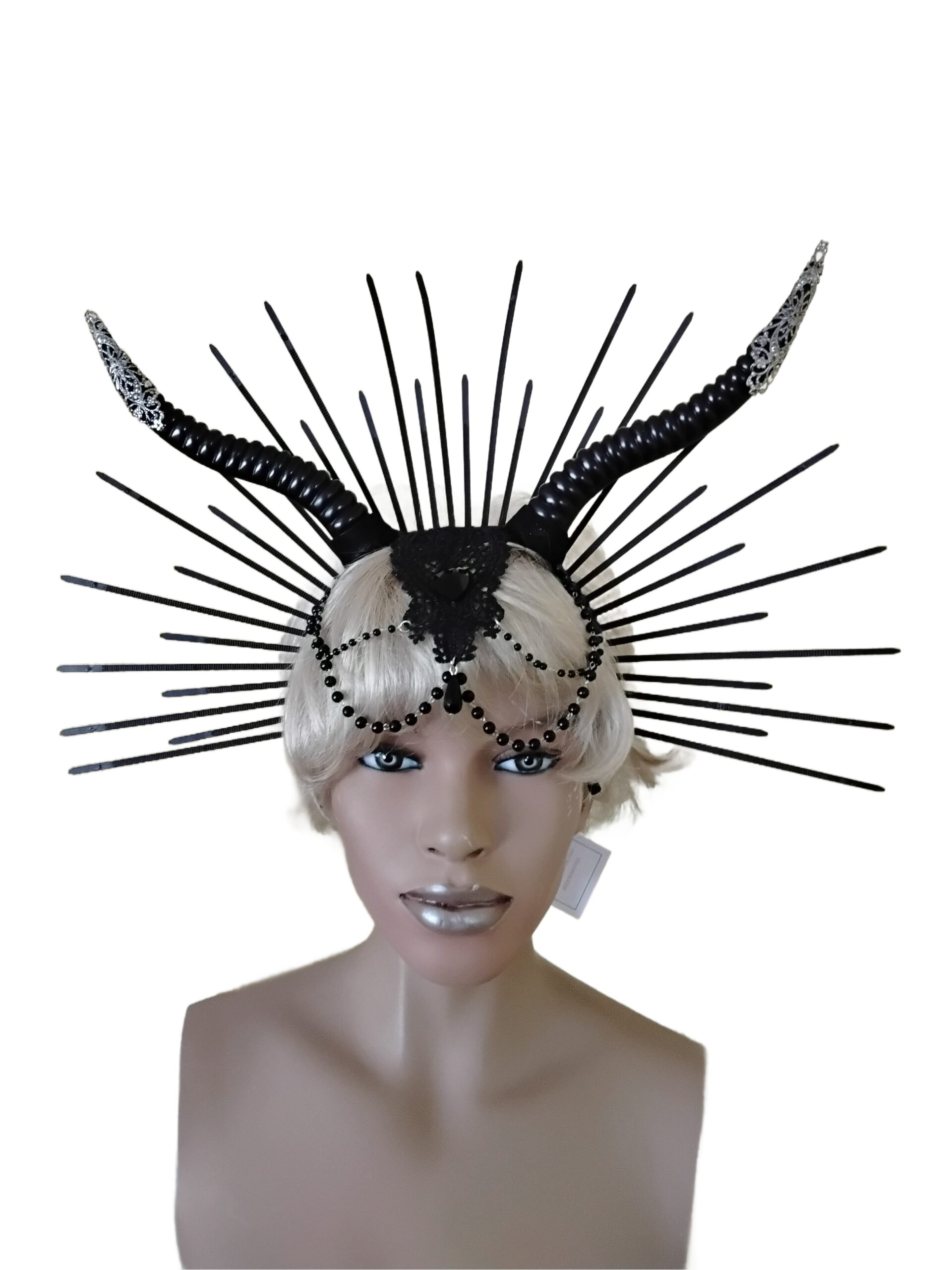 Gothic horn halo headband with black gem and chain