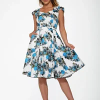 1950s Style Blue and White Floral Swing Dress-Cap Sleeve and Pockets – Size 12
