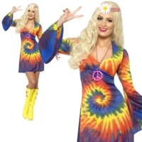 Women’s 1960s-1970s Hippie Tie-Dye Dress-Long Bell Sleeve Retro Costume